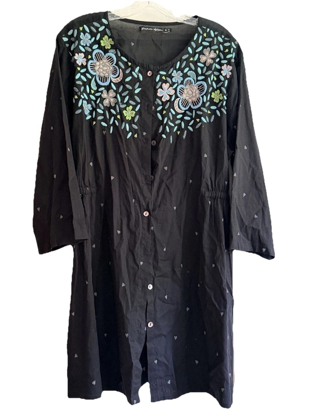 Gudrun Sjödén Black Top Embroidered Floral Button Front Tunic Top XL Boho Art